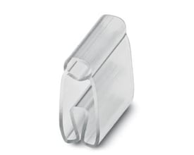 Nærbillede af Phoenix Contact PATG 4/15 skilteholder, viser den transparente monteringsklemme til 6-10 mm kabler.