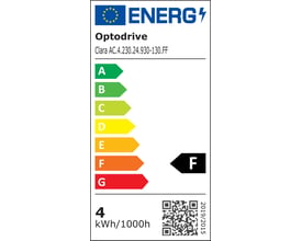 Energimærke for Optodrive lampe, der viser energiklasse F med et forbrug på 4 kWh/1000h.