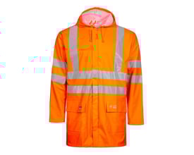 Lyngsøe Rainwear regnjakke LR55 PU i Hi-vis orange, størrelse 4XL, med synlige reflekser og hætte.
