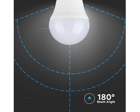 V-TAC G45 LED-pære med E27-fatning og 4,5 W vist med en grafisk markering af lysspredningen på 180°.