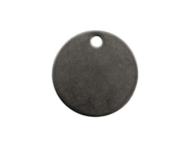 Diesella mærkeskilt i rustfrit stål med en diameter på 32 mm og et 4 mm hul, vist isoleret på hvid baggrund.