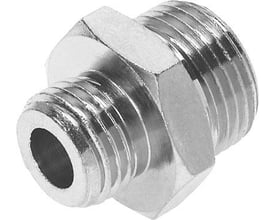 Festo dobbeltnippel NPFC-D-G38-G12-M i forniklet messing med tydelige gevind på begge sider og en central sekskantet kobling.