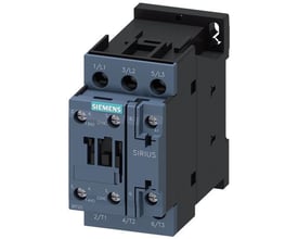Siemens SIRIUS-kontaktor med grå front og sorte sider, 3-polet, 32 A og skrueklemmer, set skråt forfra.