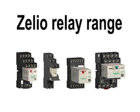 Viser et udvalg af Schneider Electric Zelio relæer og sokler i forskellige konfigurationer og spændinger.