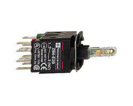 Schneider Electric lampetrykskrop ZB6ZB35B med 1 slutte og 1 bryde kontaktfunktion, 12-24V, vist på hvid baggrund med synlige terminaler og betjeningsknap.