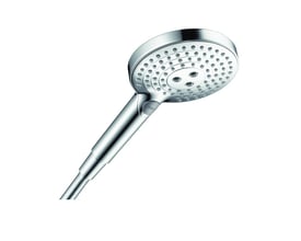 Hansgrohe Raindance Select S 120 håndbruser med Select-knap og kromfinish, præsenteret på hvid baggrund.
