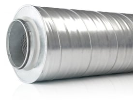 Air2Trust lyddæmper SLL med 50 mm isolering, 250 mm i diameter og 900 mm længde, fremstillet af galvaniseret stål.