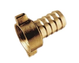 Nærbillede af KK Sourcing 1" slangeforskruning i messing, med vinklet studs og omløber.