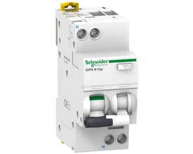 Schneider Electric iDPN N Vigi kombiafbryder 25A C 100MA 1P+N, vist fra front med grøn OFF-markering og grå afbryderhåndtag.