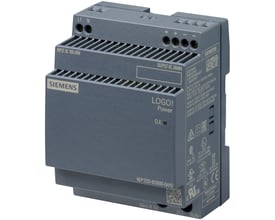 Siemens LOGO!Power (Gen 4) strømforsyning, grå, med synlige input- og outputterminaler samt mærkning.