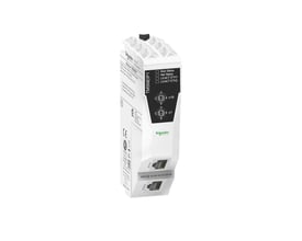Schneider Electric Modicon TM5 udvidelsesmodul med Ethernet fieldbus, hvidt med sorte og grønne detaljer, viser RJ45-porte og statusindikatorer.