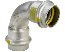 Viega Sanpress Inox G bøjning, 15 mm diameter og 90 graders vinkel, set fra en anden vinkel.