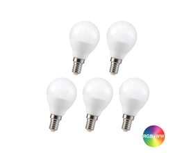 V-TAC LED-pære med E14-fatning og RGB samt varmt hvidt lys, vist her som fem hvide pærer med skruefatning.