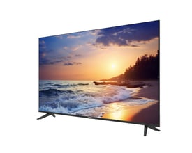 Dahua 55-tommers UHD LED-skærm LM55-F400N med sort ramme og fødder viser en strand ved solnedgang.
