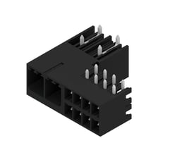 Weidmüller hybridkonnektor til printtilslutning med sort hus og synlige metalben, 2 poler og 7,62 mm deling.