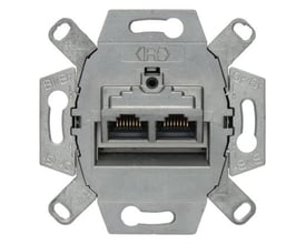 Detaljeret billede af Berker tele-dataudtagets bagside, fremhæver RJ45 porte og monteringsramme for installation.