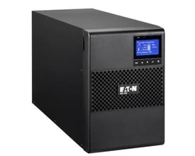 Sort Eaton 9SX1500I UPS i tårnformat, set skråt forfra med blåt display og ventilationsgitter.