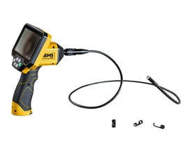 REMS CamScope HD inspektionskamera med LCD-skærm og 8mm kamera-kabel på hvid baggrund, inklusive diverse tilbehør til nem håndtering.