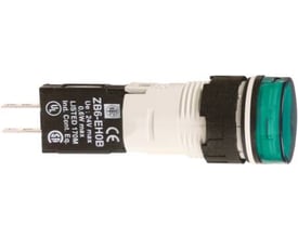 Schneider Electric XB6AV3BB grøn LED lampe med en diameter på 16 mm, monteret på et hvidt og sort hus.