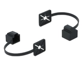 Sort DeLock-støvhætte til RJ45-stik med monteringsklips og forbindelsesrem, vist med stikdæksel og fastgørelsesdel.