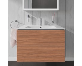 Duravit L-Cube vaskeskab i valnød natur med to skuffer, monteret med hvid porcelænsvask og krom vandhane.