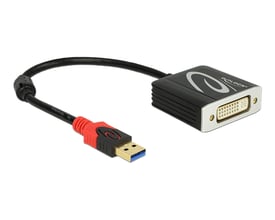 Sort DeLock USB 3.1 Type-A til DVI-adapter med kort kabel, USB-hanstik og DVI-hunstik.