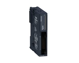 Schneider Electric Modicon TM3 udvidelsesmodul med 16 digitale udgange (NPN) på hvid baggrund, vist fra siden.