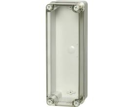 Fibox Piccolo kasse i polycarbonat med transparent dæksel, 230x80x85 mm, viser skruehuller og monteringselementer.
