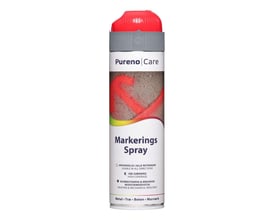 Pureno Care markeringsspray rød, 500 ml, med sikkerhedshætte og tydelige markeringer på en stenet overflade. Indeholder vejrbeskyttelse og er velegnet til metal, træ og beton.