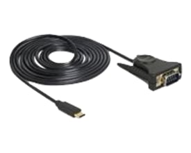 DeLock adapter fra USB Type-C til seriel DB9 RS-232 i sort kabel på hvid baggrund.