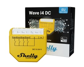 Shelly Wave i4 DC EU LR Z-Wave enhed og dens emballage med 868.4 MHz frekvens vist. Den gule enhed ses foran den åbne boks med produktinformation.