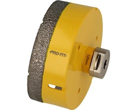 PRO-FIT diamanthulsav med 120 mm diameter, vist i et sidebillede med gul krop og diamantbelagt skærekant.