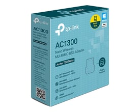 Emballagen til TP-Link Archer T3U Nano AC1300 mini dualband Wi-Fi USB-adapter med produktnavn og specifikationer på æsken.