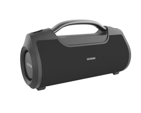 Sort Ironside Bluetooth-højttaler med bærehåndtag og afrundet kabinet, set skråt forfra.