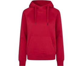 Rød ID Identity hættesweatshirt til damer i størrelse M, vist forfra med kængurulomme og snøre i hætten.