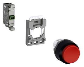 ABB trykknap MP1-40R-10 i rød, sammen med en grå monteringsramme og en grøn kontaktblok.