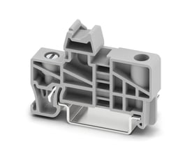 Detaljeret vinkel af grå Phoenix Contact endeholder E/UK, fremstillet i PA, på en metal monteringsskinne.