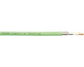 Faber Industrial Dataline P200 EFK (C) SFTP PUR Kat.5e LAN-kabel i grøn. Kablet har tydelig mærkning og viser et afskåret stykke med indre ledere i hvid, gul og orange.
