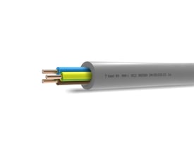Grå installationskabel HMH-J 5G2,5 med kobberledere og halogenfri kappe, vist på hvid baggrund med synlige ledere.