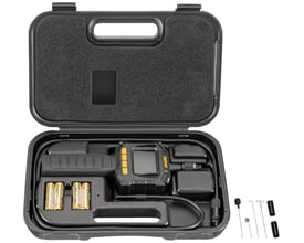 REMS MiniScope inspektionskamera sæt i en sort kuffert med controller, 1 meter kabel, 4 AA batterier og tilbehør.