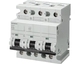 Siemens SENTRON-automatsikring med hvidt kabinet og tre sorte vippegreb, 3 poler, B-kurve og 125 A.