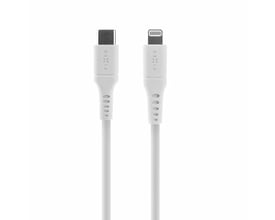 Hvidt FIXED USB-C til Lightning-kabel i flydende silikone med begge stik synlige; kablet er 1,2 meter langt.