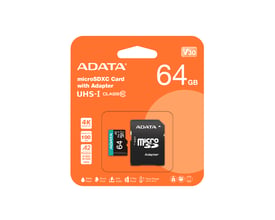 ADATA microSDXC-hukommelseskort på 64 GB med SD-adapter, vist på orange emballage med UHS-I- og Class 10-mærkning.