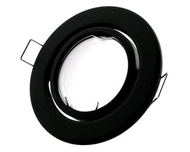 Sort indbygningsspot med rund, drejelig kant, til MR16- eller GU10-fatning, Ø9 cm og hulmål Ø7 cm.