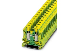 Detalje af Phoenix Contact UT 10-PE jordklemme, viser skrueterminalerne og monteringsskinne, 10mm².