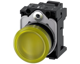 Siemens 22mm rund signallampe i gul plast med glat linse og fjederterminal, viser detaljeret montering.