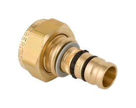 Geberit Mepla presovergang i messing med 26mm preskobling og 1" G-gevind omløber, vist på hvid baggrund.