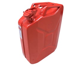 Rød metal benzindunk på 20 liter med dimensionerne 36 x 47 x 17 cm, vist på hvid baggrund.