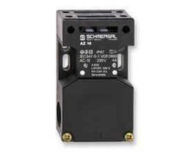 Schmersal AZ16 nøgleafbryder med 1 skifte og 2 slutte funktioner, mærket 5N og IP67. Afbryderen er sort og har synlige skruer.