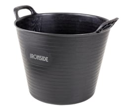Sort, fleksibel Ironside-spand på 25 liter med to integrerede håndtag, vist åben set skråt forfra.